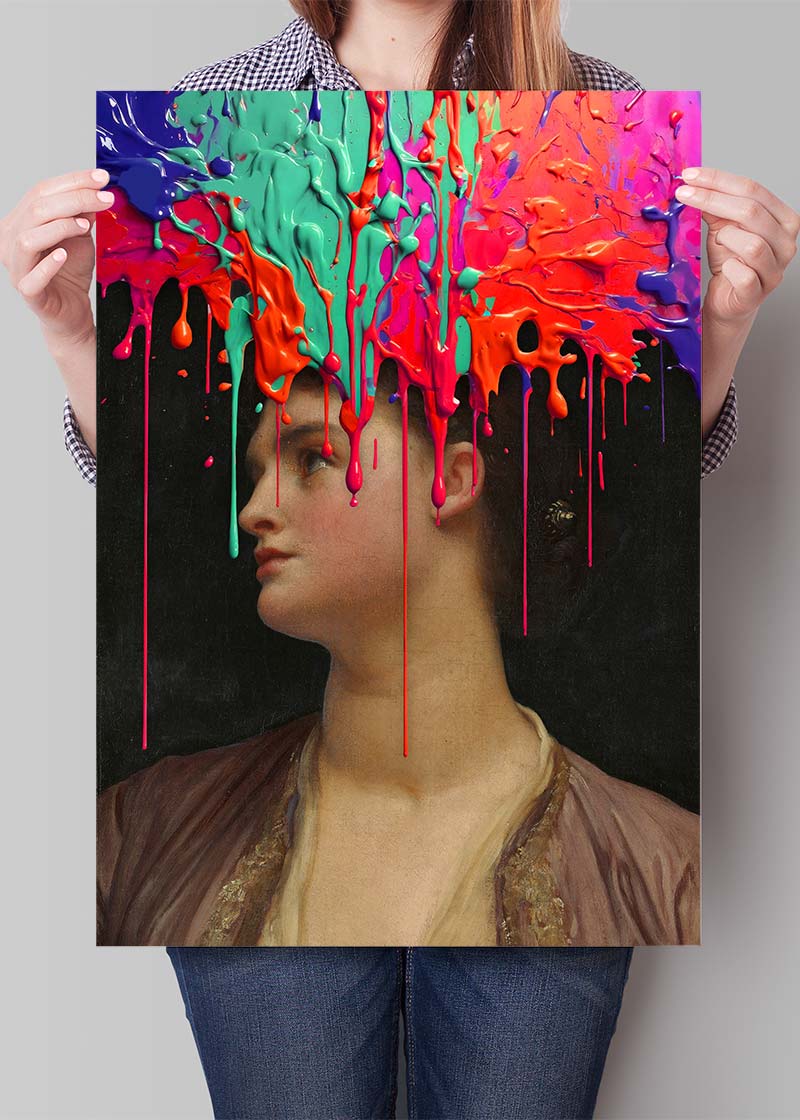 Multicolour Gloopy Paint Drip Funky Female Portrait Print