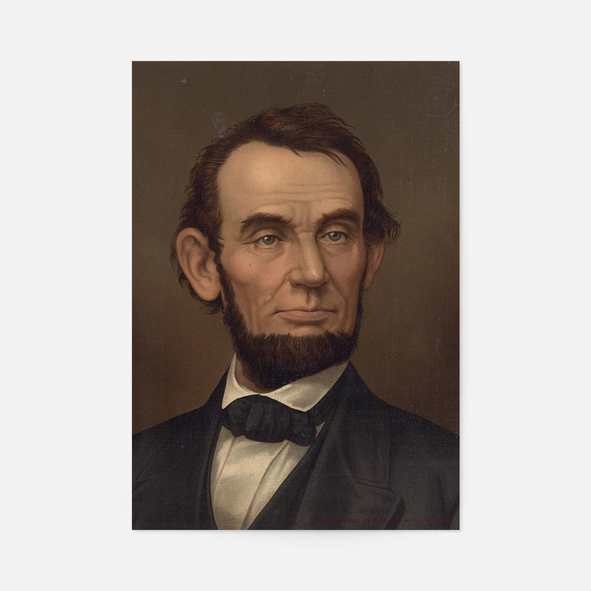Abraham Lincoln (1877) vintage portrait print of a bearded man in a dark coat and bow tie