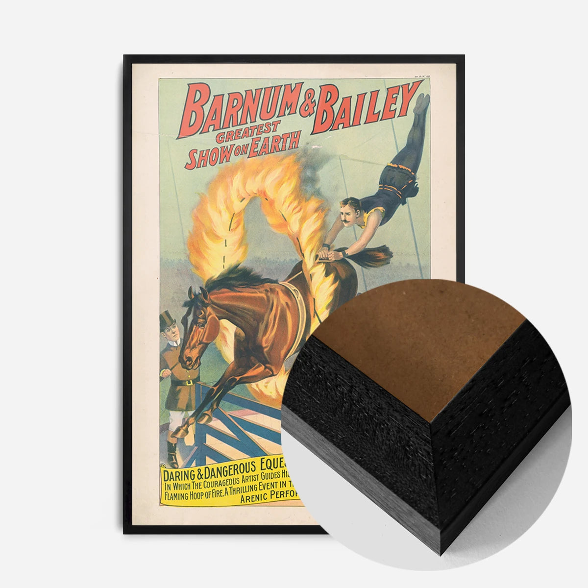 vintage circus flaming hoop print in a black wood frame, side profile