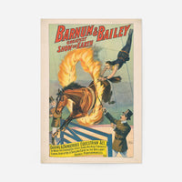 Vintage Barnum & Bailey circus poster of a horse leaping through a flaming hoop as an acrobat flies overhead
