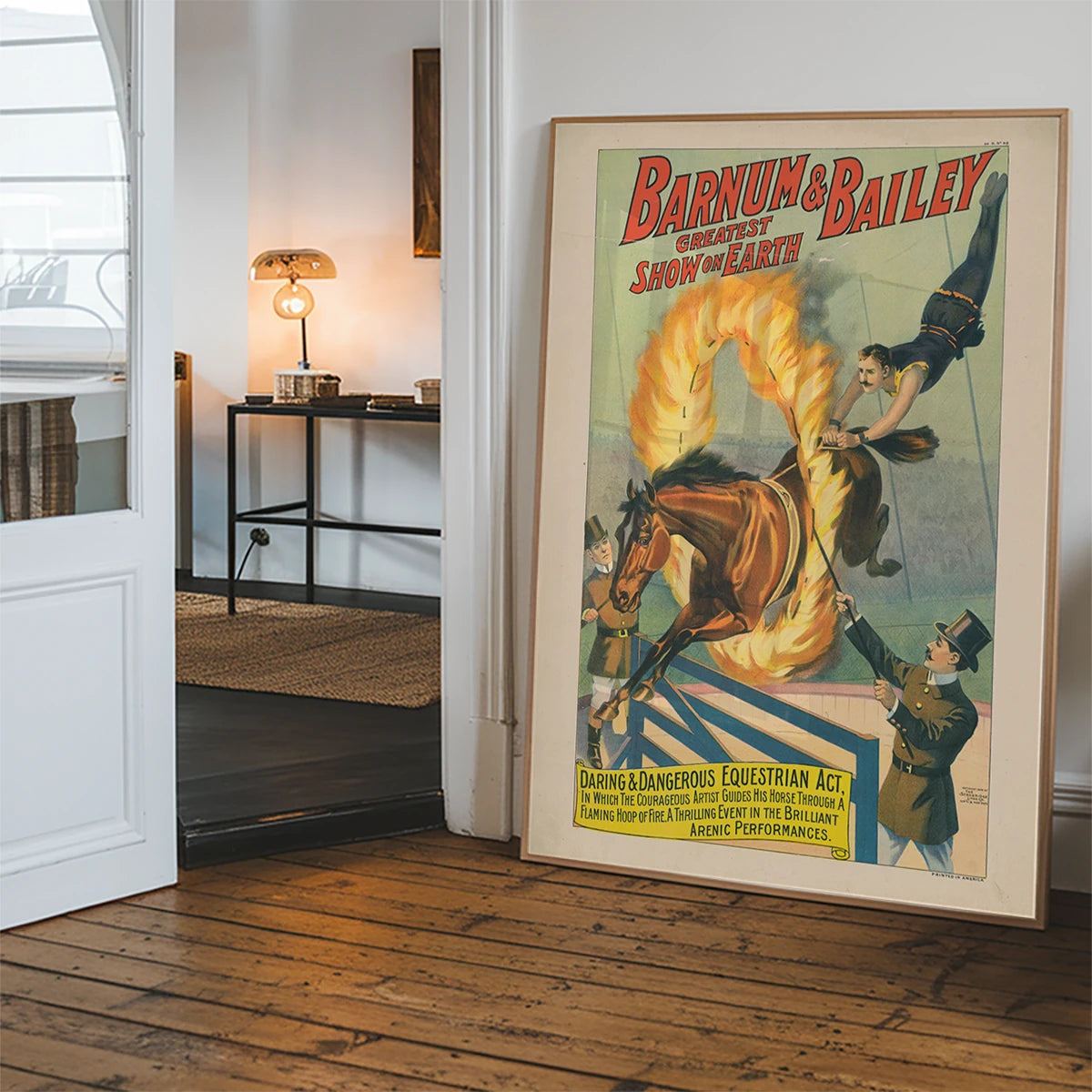 The print hung in a hallway as retro circus wall art