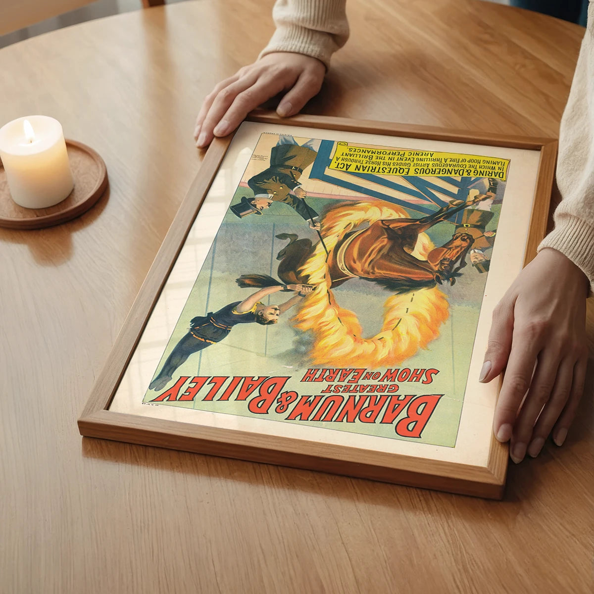 Vintage circus flaming hoop poster above a bedroom bed