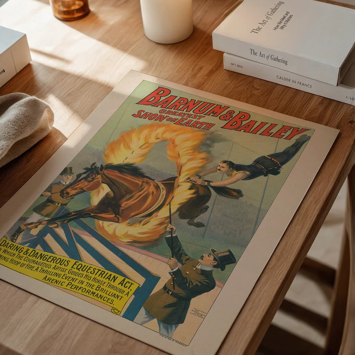 The print framed on a dining room wall as vintage advertising art