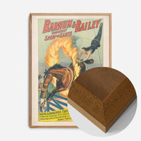 vintage circus flaming hoop print in an oak wood frame, side profile