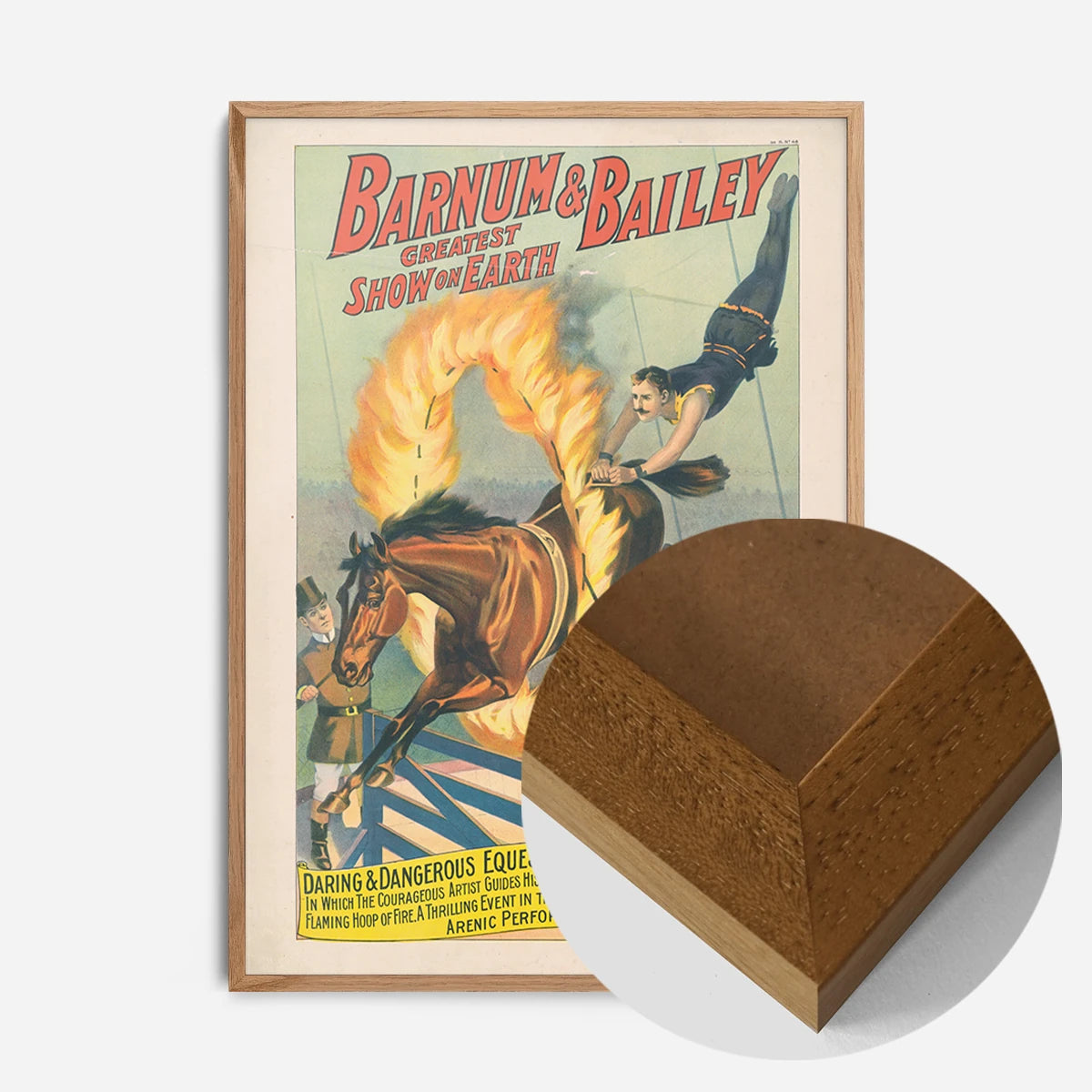 vintage circus flaming hoop print in an oak wood frame, side profile