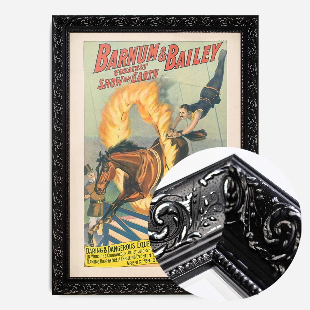vintage circus flaming hoop print in a black ornate frame, side profile