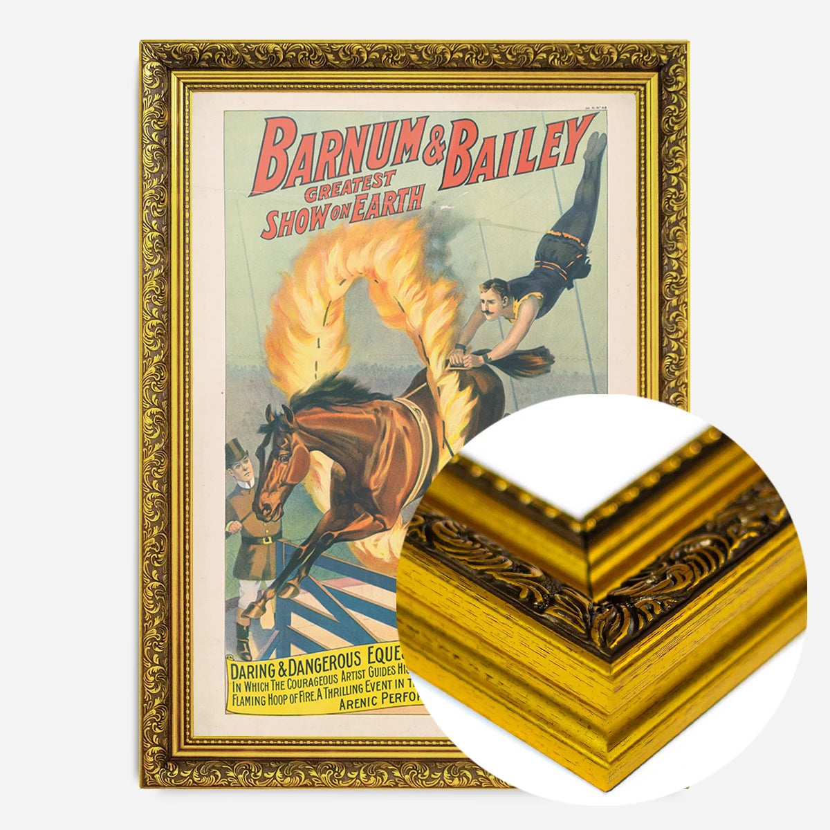 vintage circus flaming hoop print in a gold ornate frame, side profile