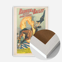 vintage circus flaming hoop print in a white wood frame, side profile