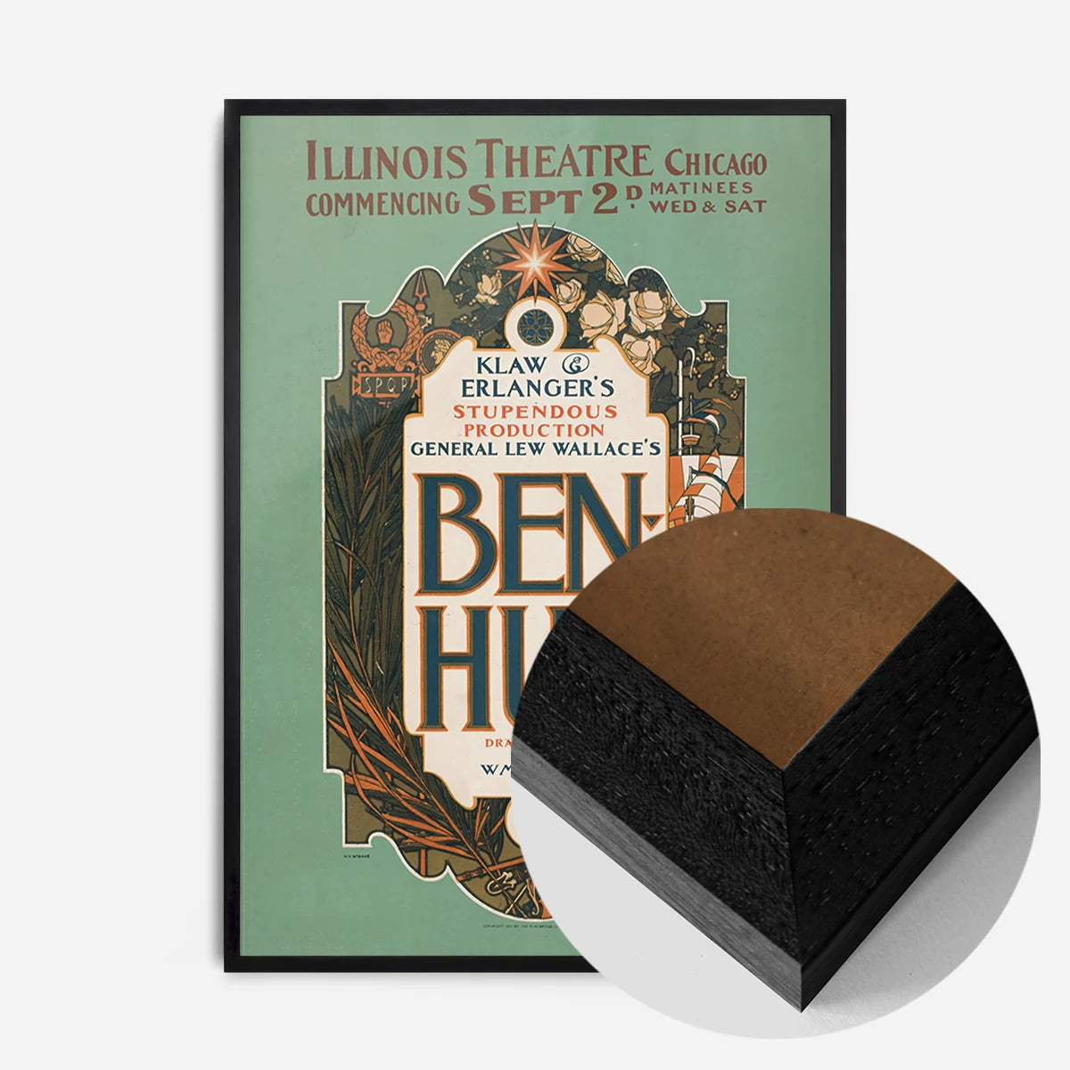 vintage Ben-Hur theatre poster print in a black wood frame, side profile