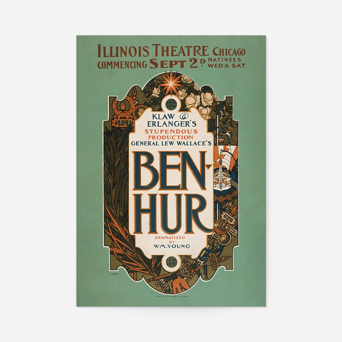 Ben-Hur vintage theatre poster print for Illinois Theatre, Chicago, with Roman Art Nouveau border in blue and orange