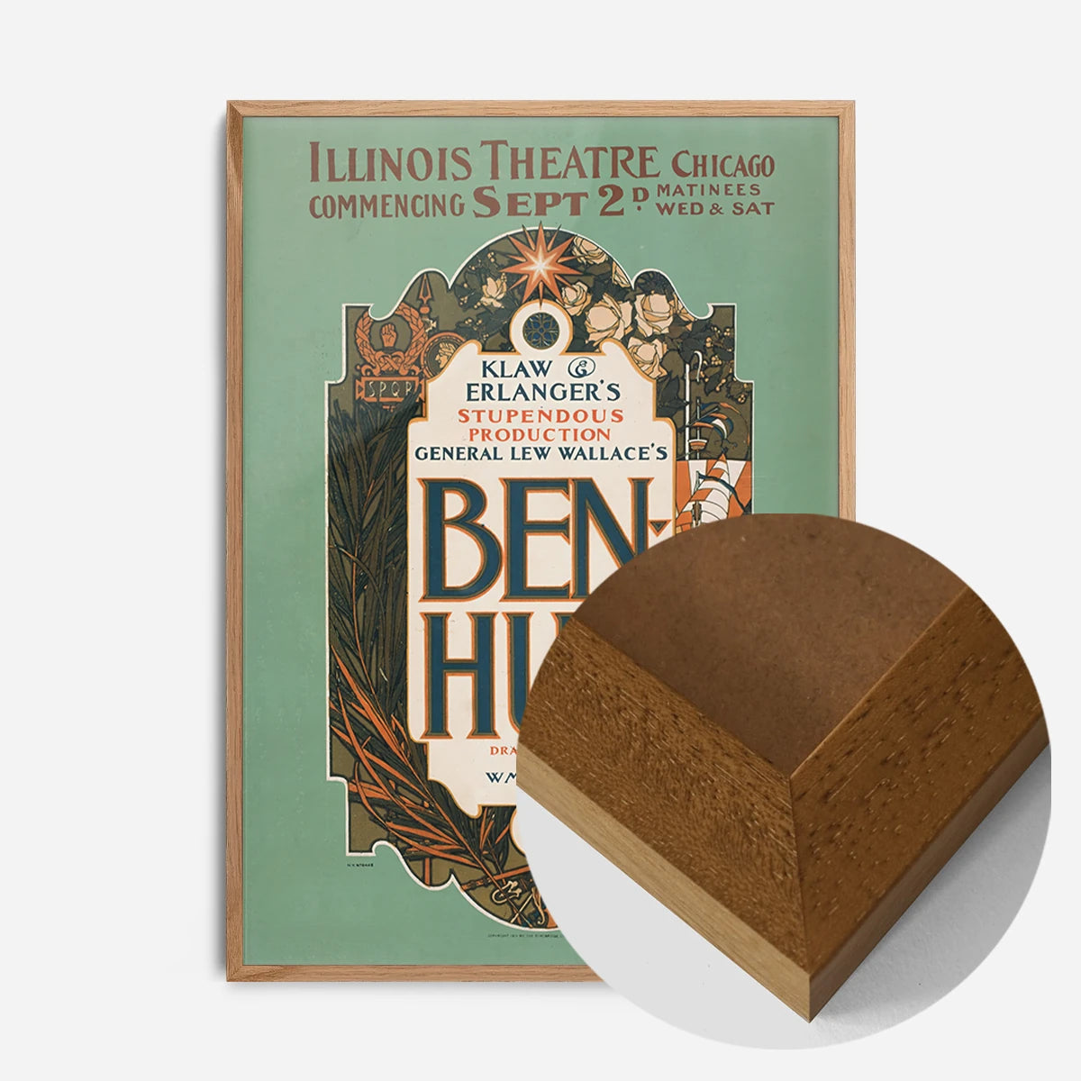 vintage Ben-Hur theatre poster print in an oak wood frame, side profile