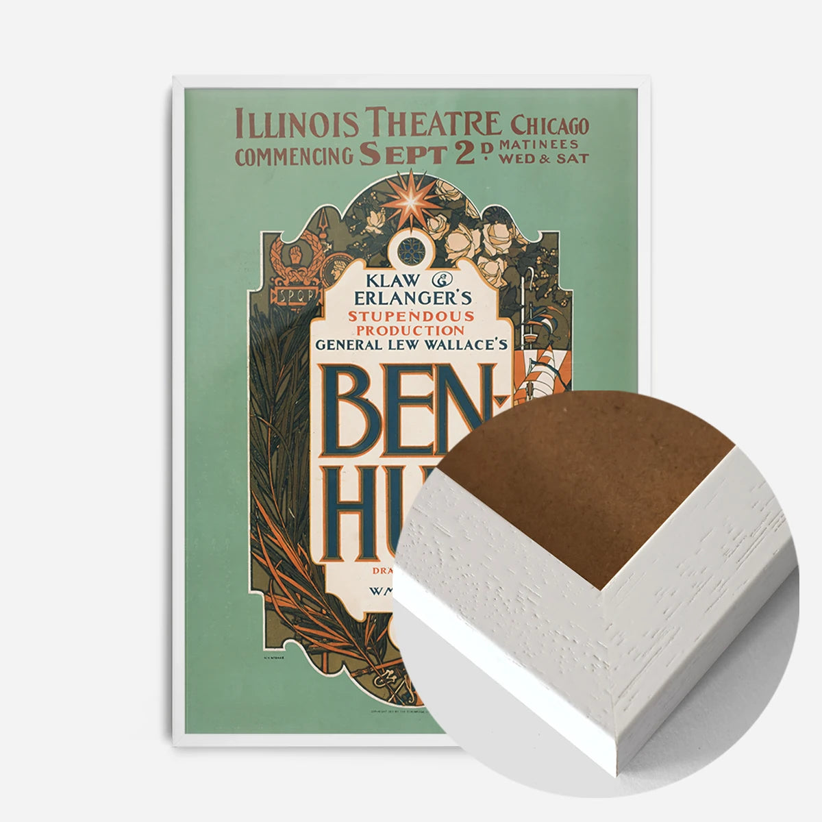 vintage Ben-Hur theatre poster print in a white wood frame, side profile