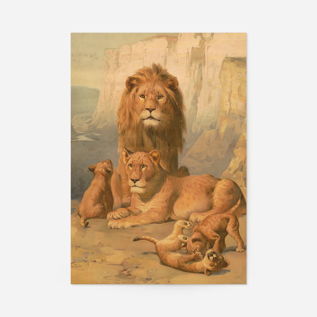 Vintage lion family print of a lion, lioness and two playful cubs beneath sandstone cliffs