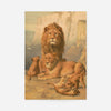 Vintage lion family print of a lion, lioness and two playful cubs beneath sandstone cliffs