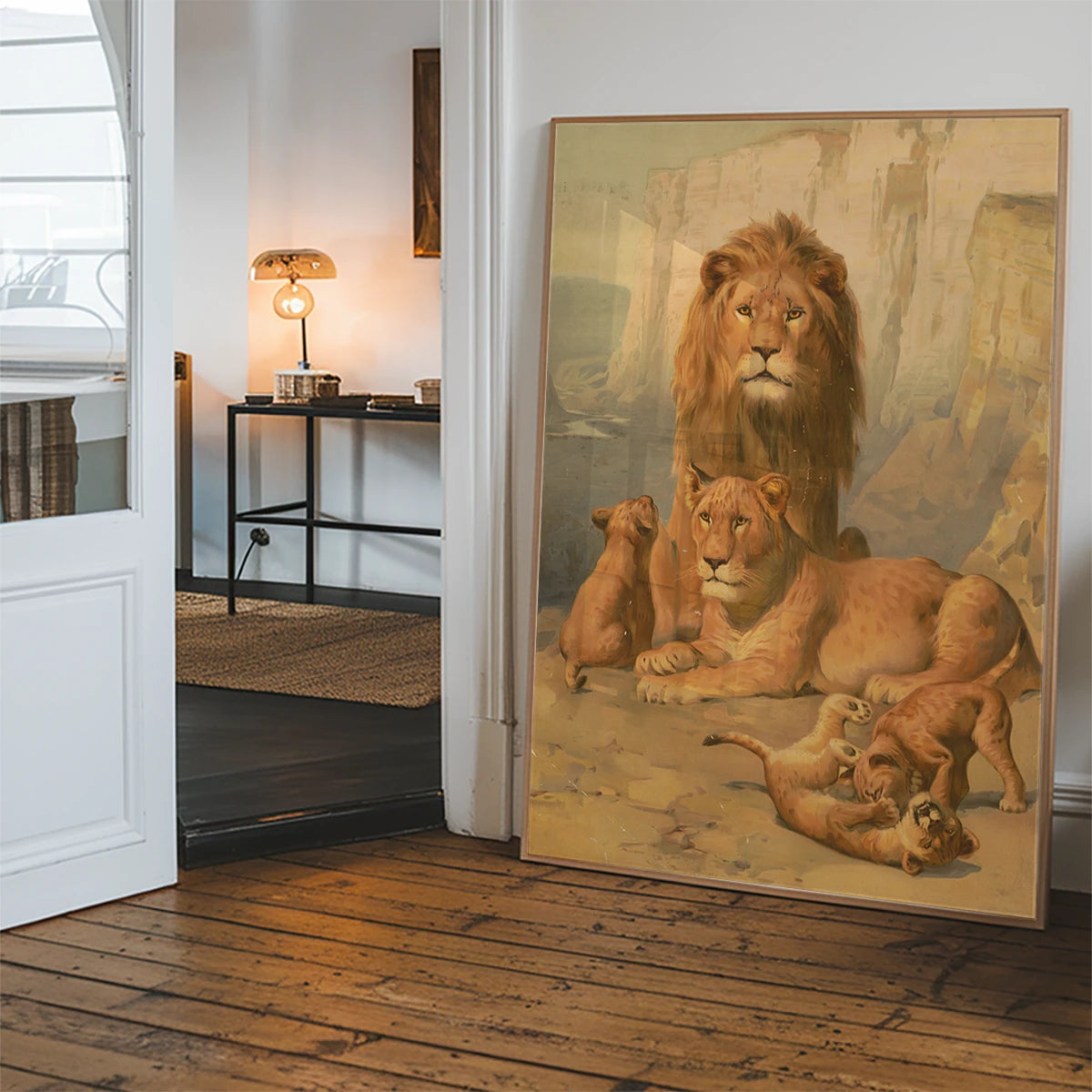 The print displayed on a hallway wall as a warm big cat art piece
