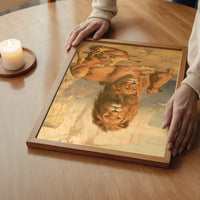 Vintage lion family painting hung in a calm, neutral bedroom