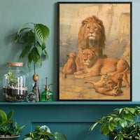 Lion family print on a home office wall above a desk