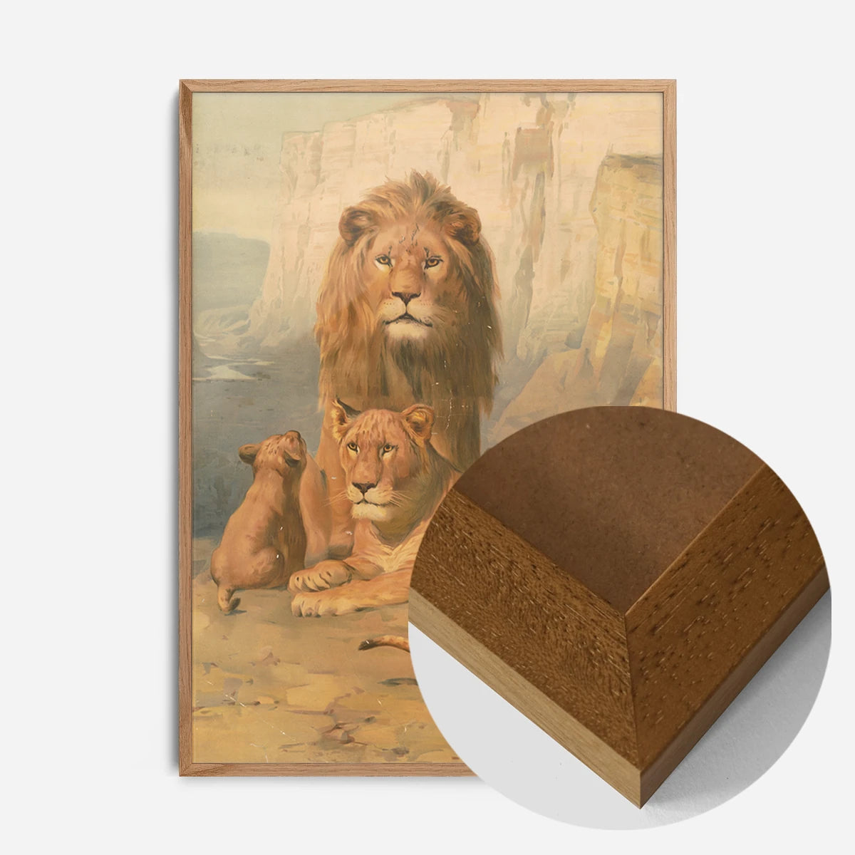 vintage lion family painting print in an oak wood frame, side profile