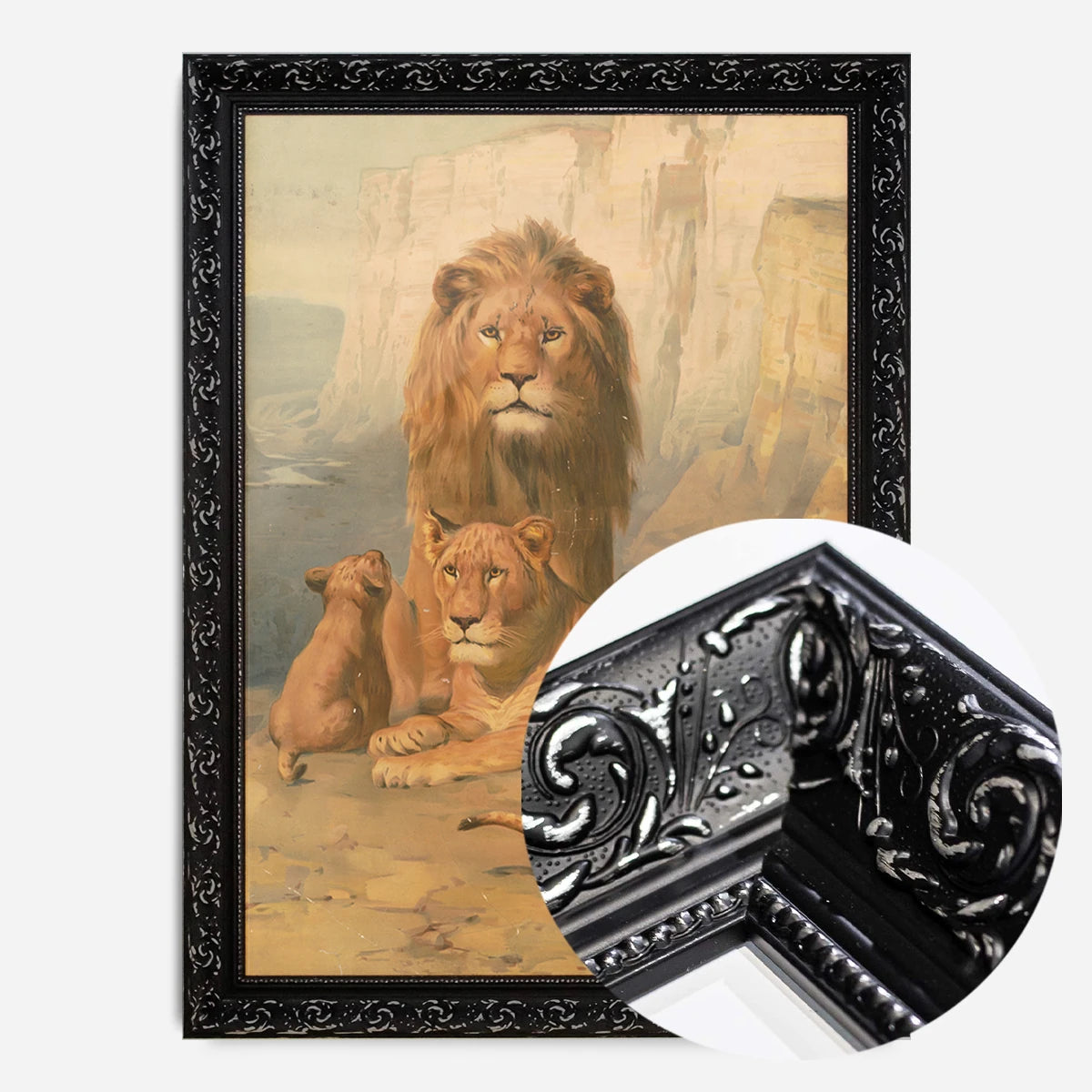 vintage lion family painting print in a black ornate frame, side profile