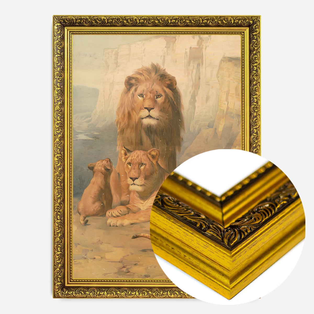 vintage lion family painting print in a gold ornate frame, side profile