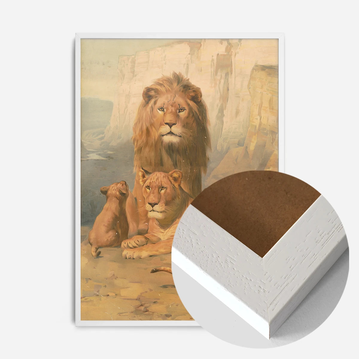 vintage lion family painting print in a white wood frame, side profile