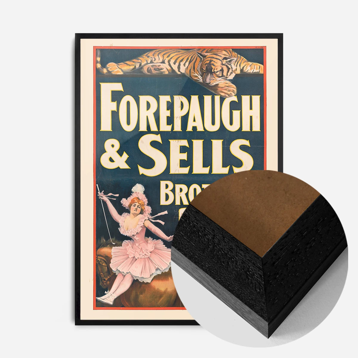 vintage circus tiger poster print in a black wood frame, side profile