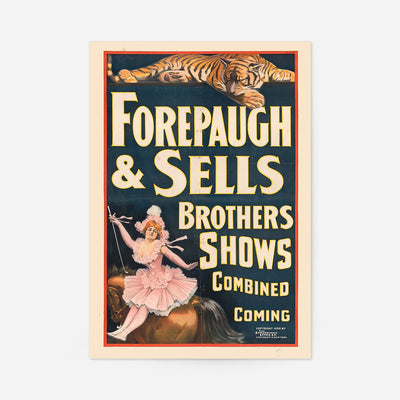 Vintage Forepaugh & Sells circus poster with a tiger above bold lettering and a rider in pink on horseback