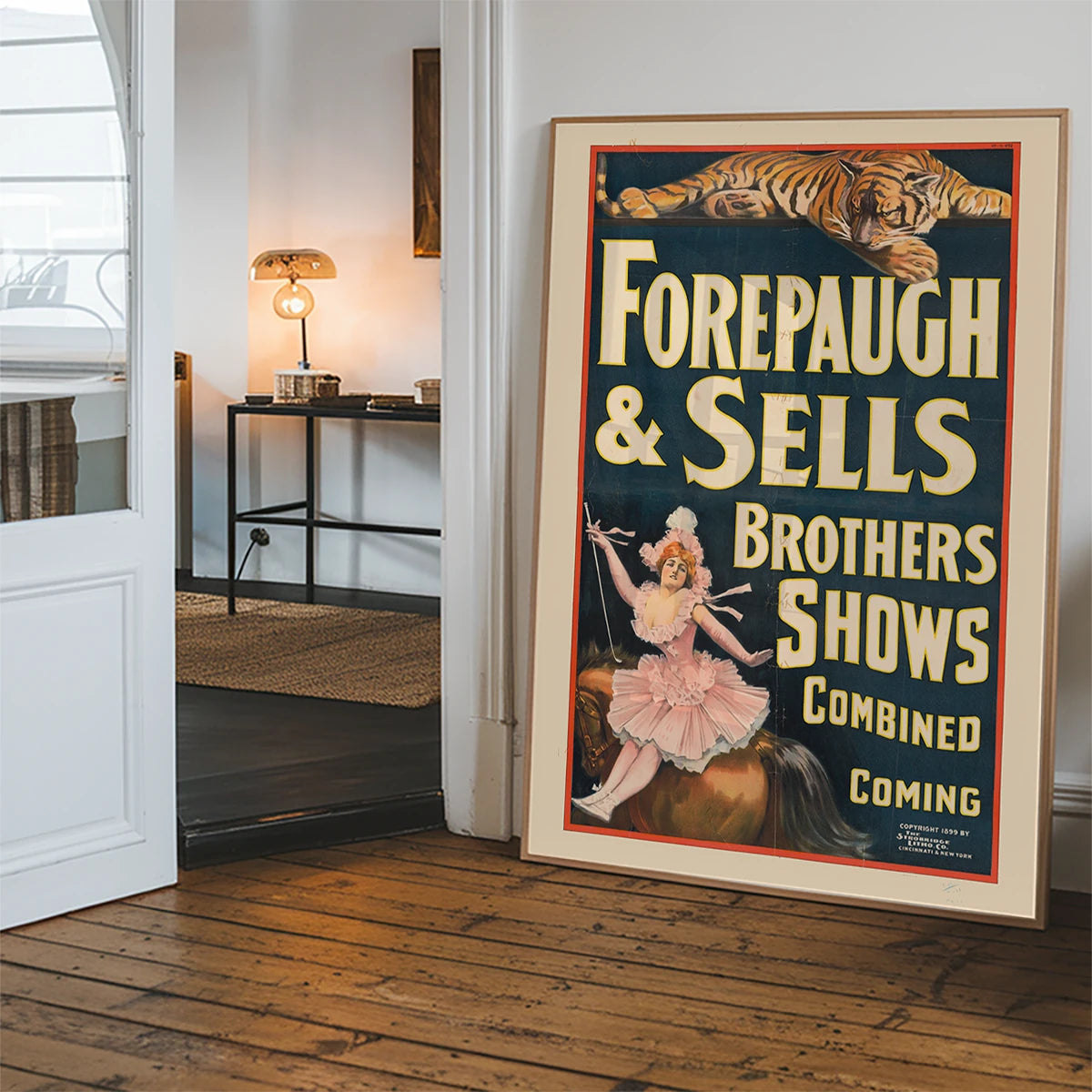 Forepaugh and Sells tiger poster hung in a hallway as a striking vintage statement piece