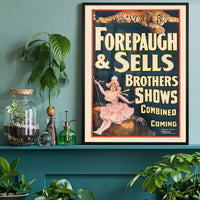 Retro circus print on a home office wall, adding colourful vintage character to a workspace