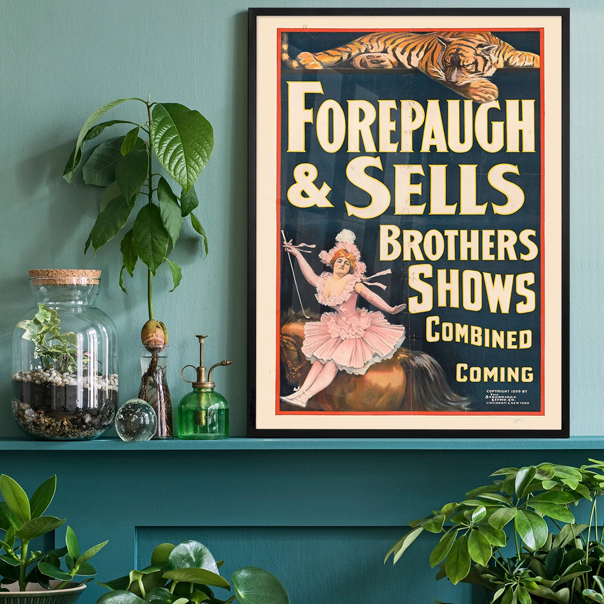 Retro circus print on a home office wall, adding colourful vintage character to a workspace
