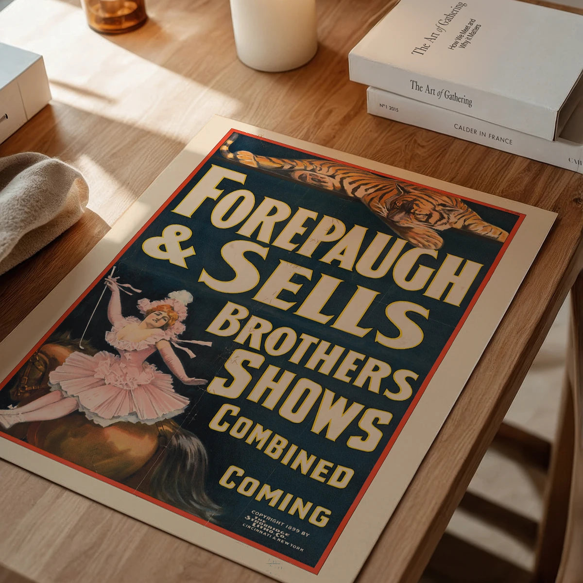 Framed vintage circus poster in a dining room, a bold talking point with tiger and rider artwork