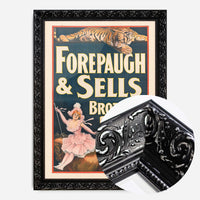 vintage circus tiger poster print in a black ornate frame, side profile
