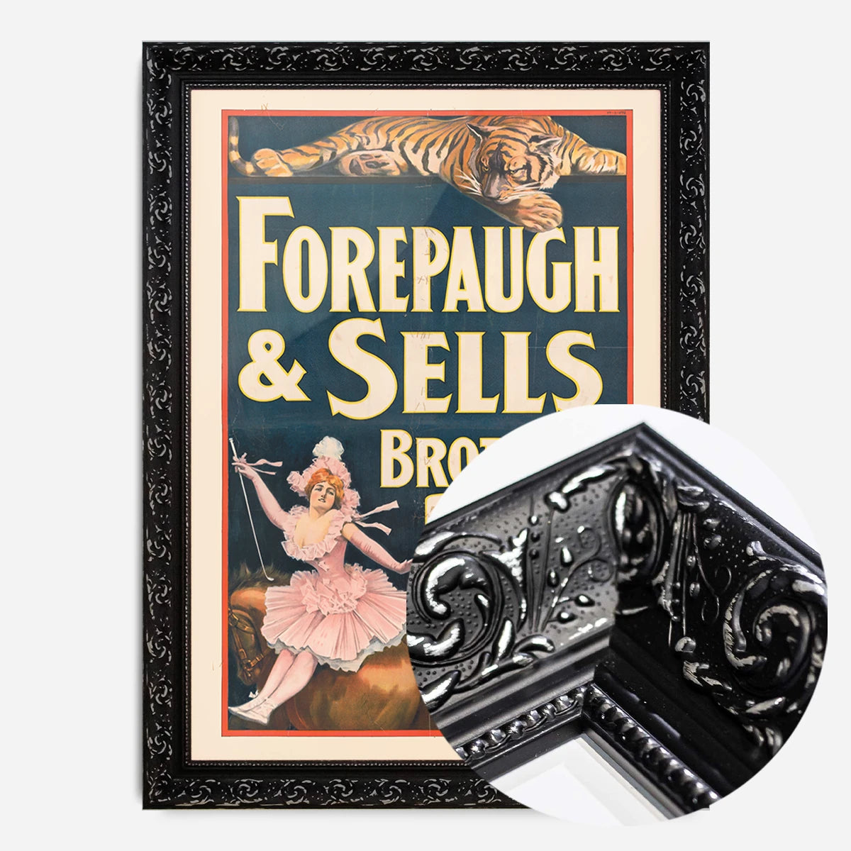 vintage circus tiger poster print in a black ornate frame, side profile
