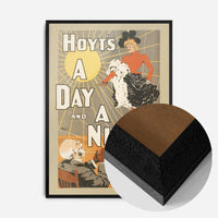 vintage theatre poster print in a black wood frame, side profile