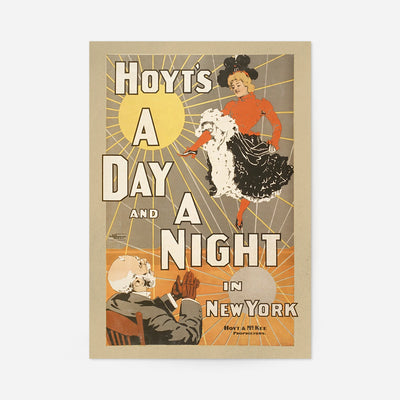 Hoyt's A Day and a Night in New York vintage theatre poster print with dancer and sunburst, 1898