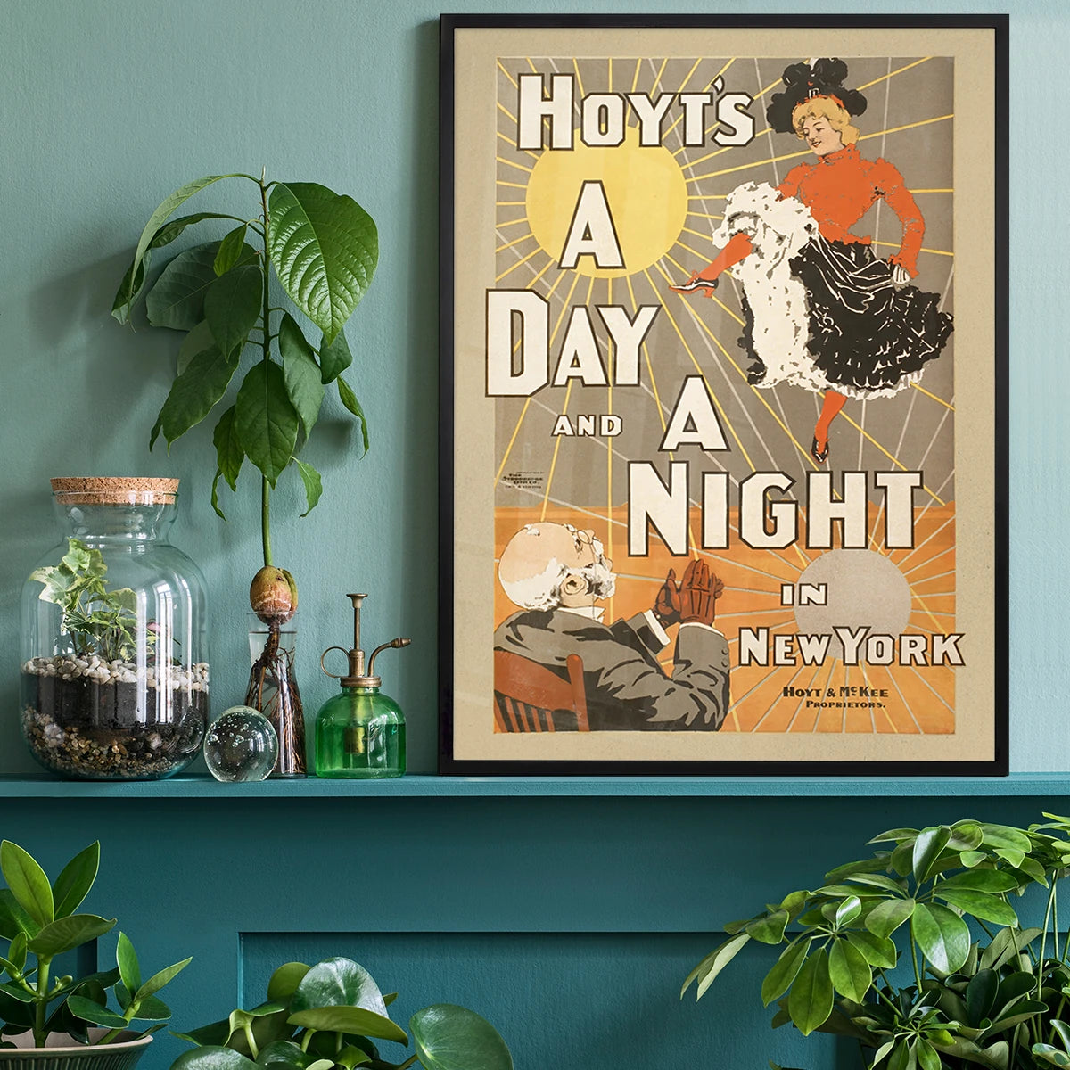 Hoyt's A Day and a Night in New York poster print above a home office desk