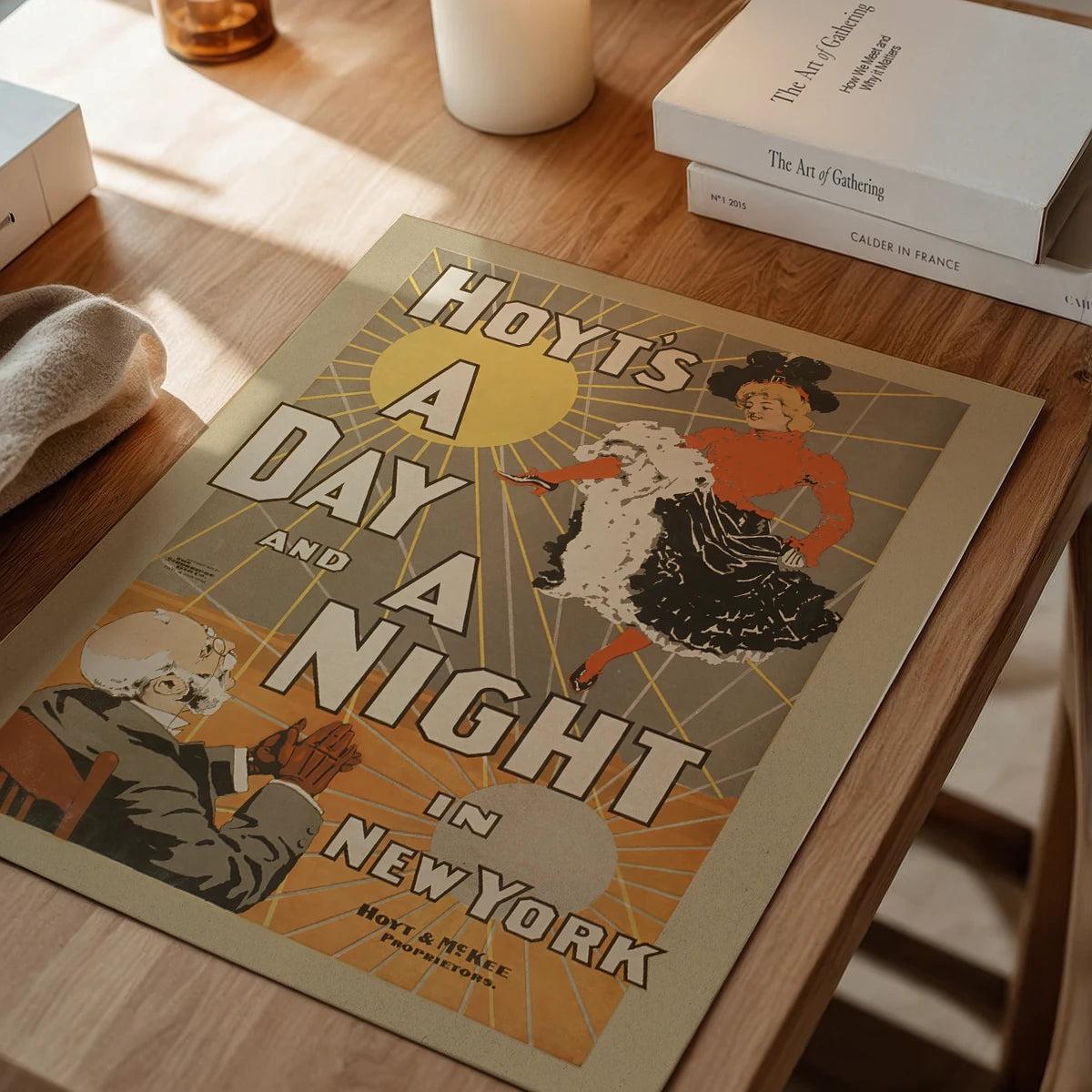 Vintage dancer and sunburst poster art in a dining room