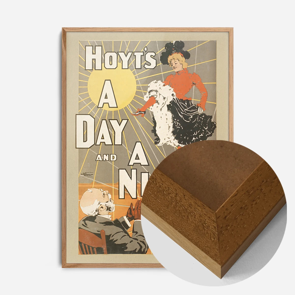 vintage theatre poster print in an oak wood frame, side profile