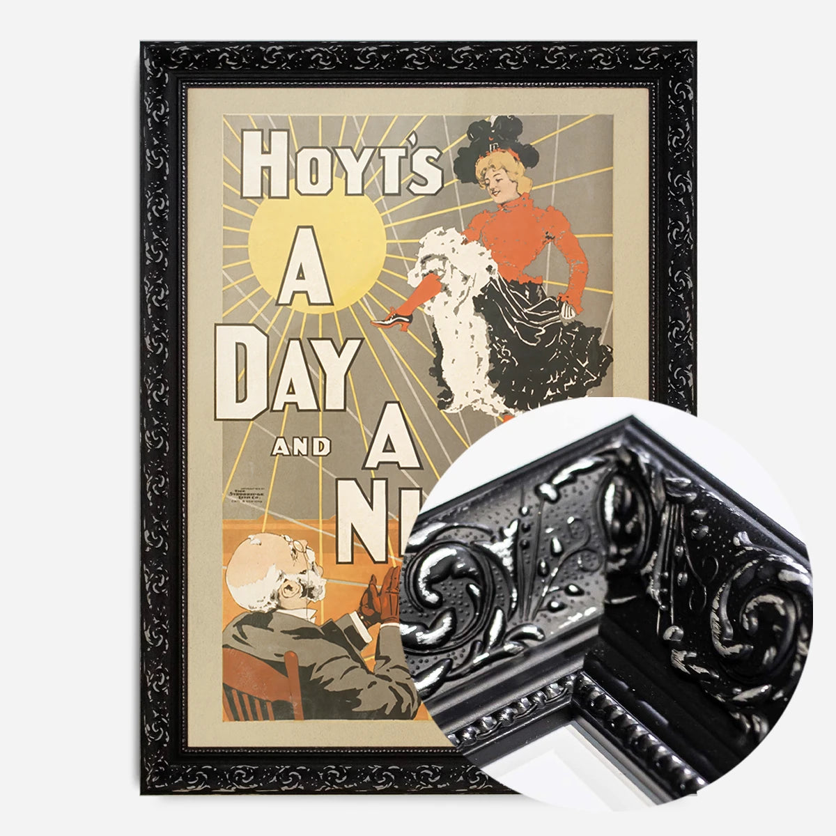 vintage theatre poster print in a black ornate frame, side profile