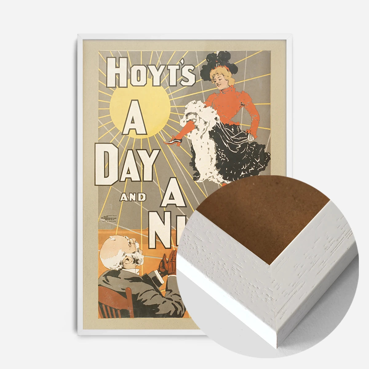 vintage theatre poster print in a white wood frame, side profile