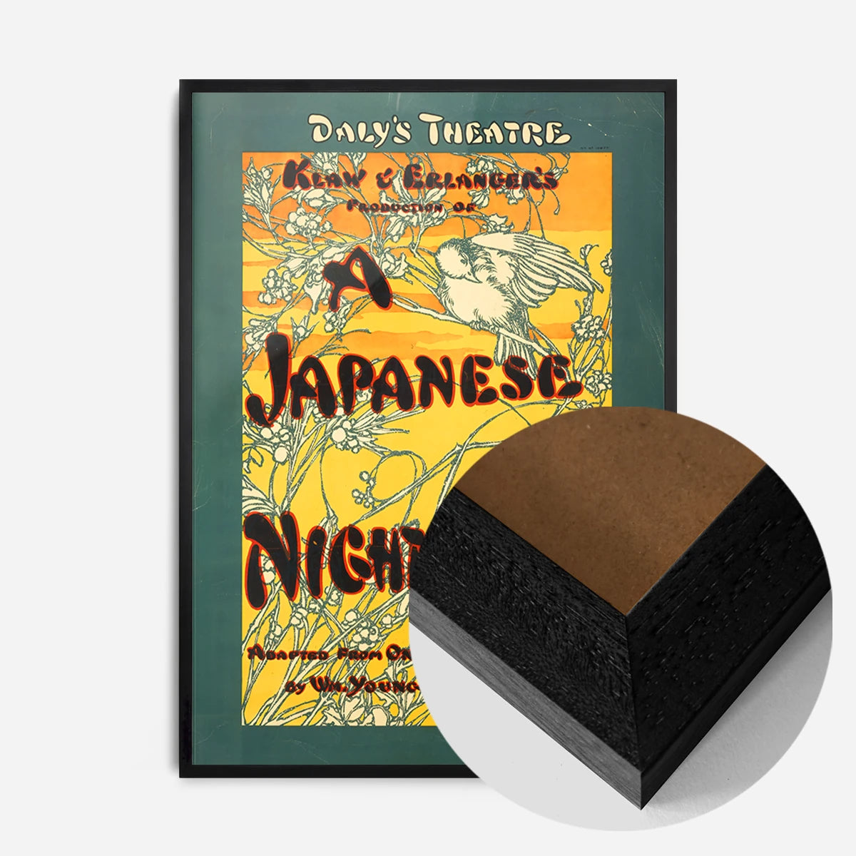 vintage nightingale theatre poster print in a black wood frame, side profile