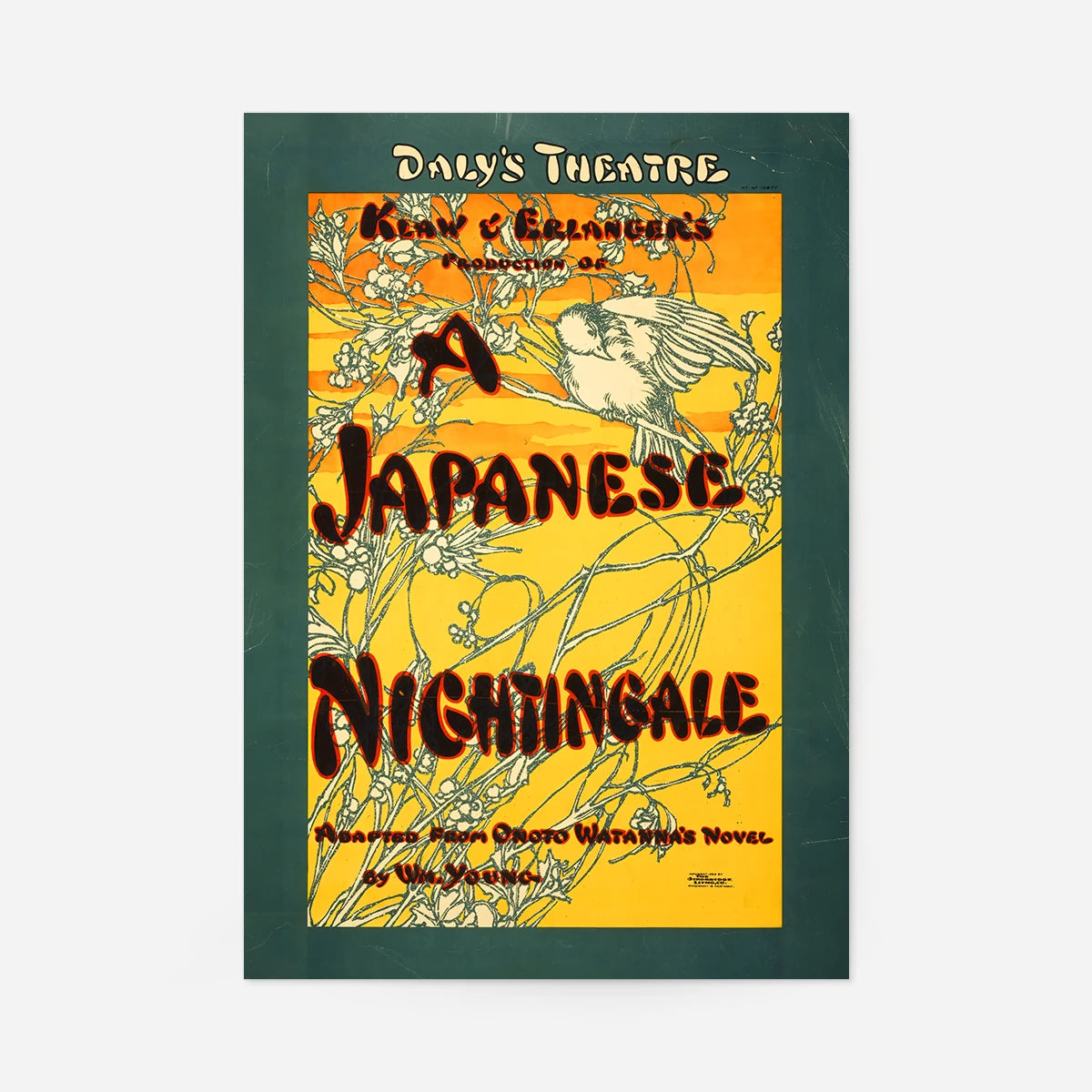 Vintage 1903 Japanese Nightingale theatre poster with a songbird on blossom branches in yellow and orange