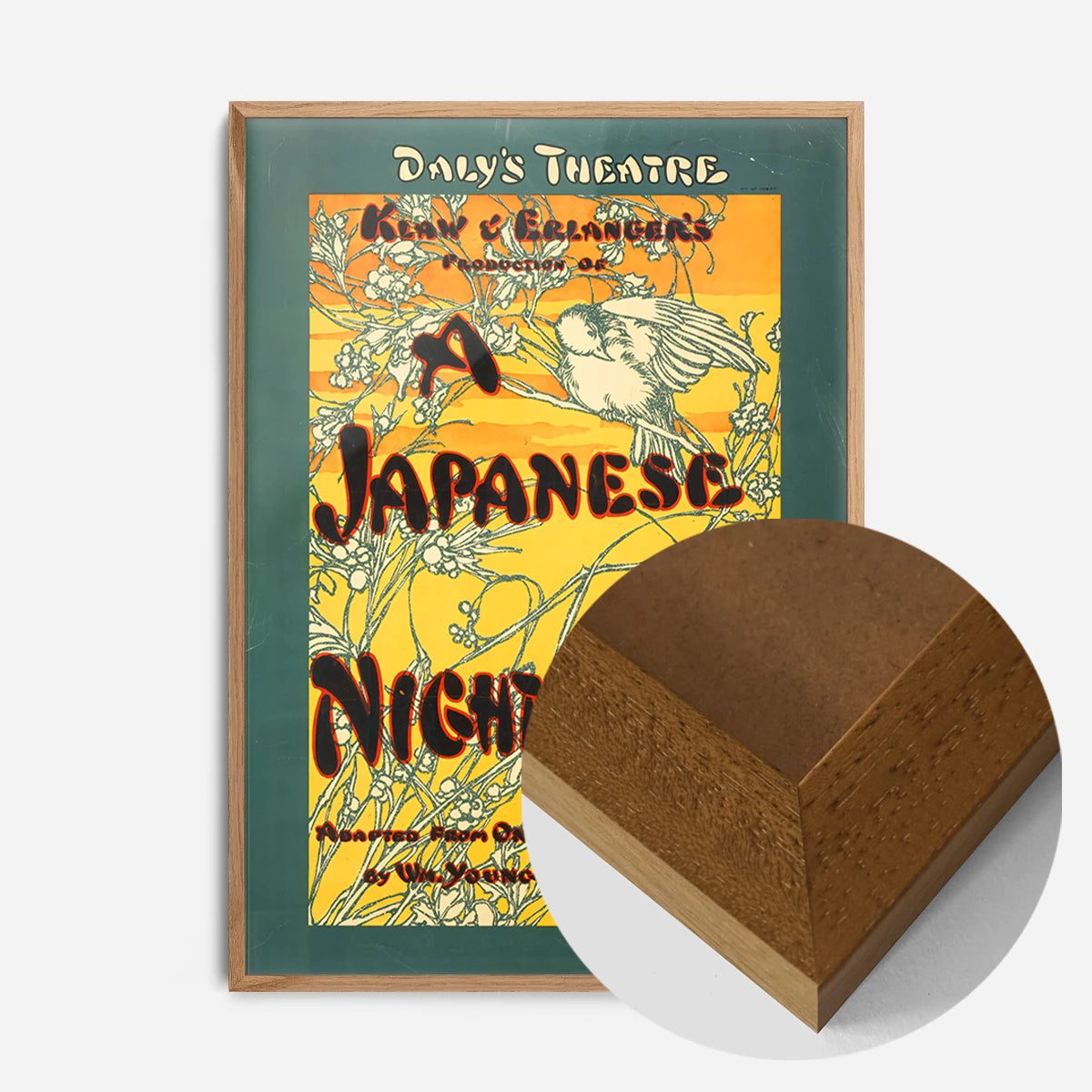 vintage nightingale theatre poster print in an oak wood frame, side profile