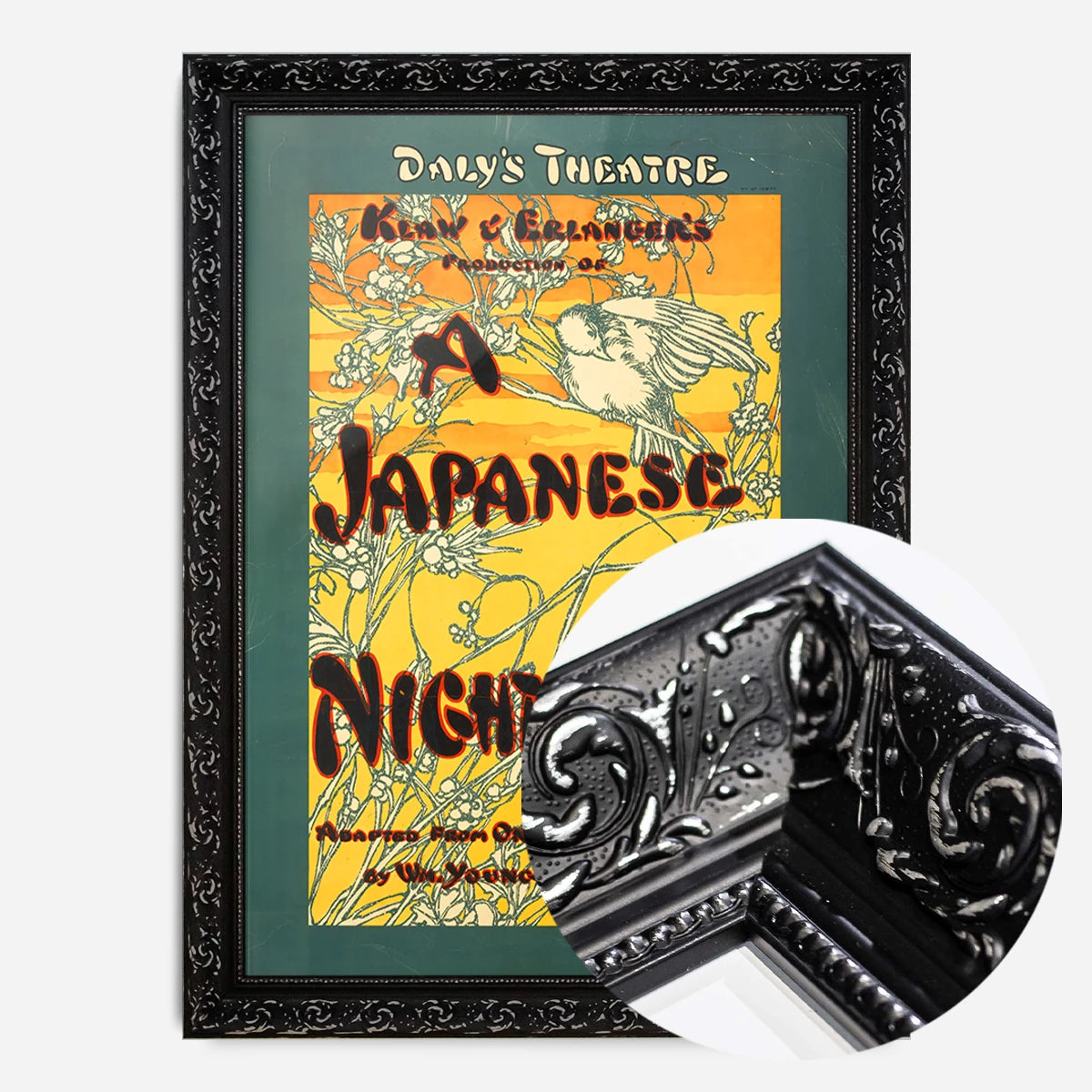 vintage nightingale theatre poster print in a black ornate frame, side profile
