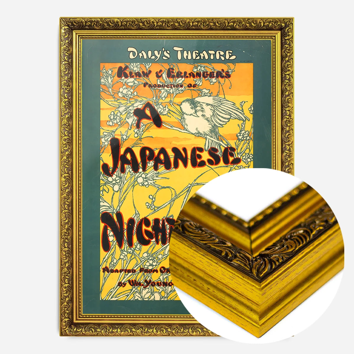 vintage nightingale theatre poster print in a gold ornate frame, side profile