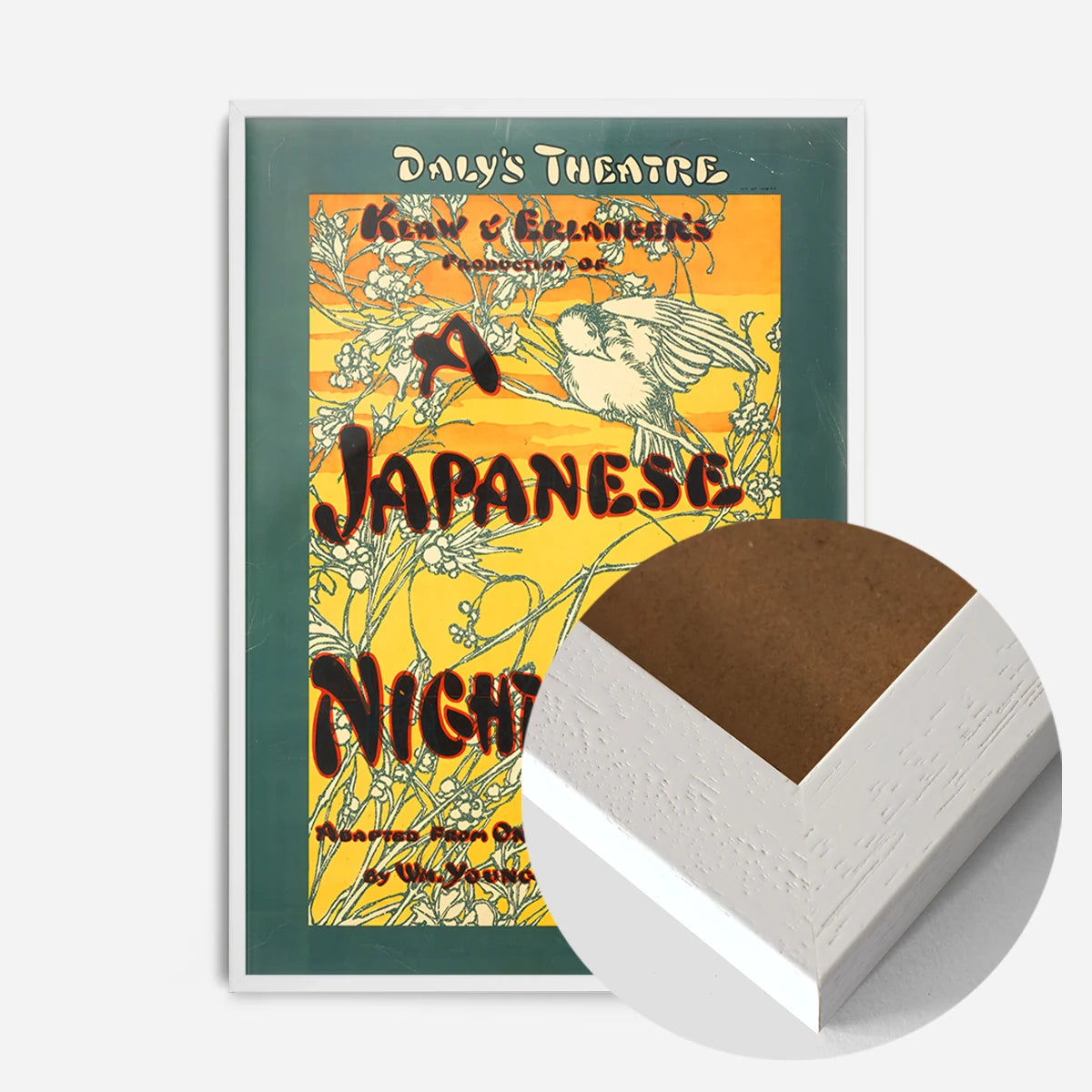 vintage nightingale theatre poster print in a white wood frame, side profile