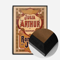 vintage Shakespeare theatre poster print in a black wood frame, side profile