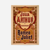 Vintage Romeo and Juliet theatre poster print with Julia Arthur, ornate red and gold Victorian border and lettering