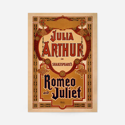 Vintage Romeo and Juliet theatre poster print with Julia Arthur, ornate red and gold Victorian border and lettering