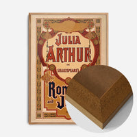 vintage Shakespeare theatre poster print in an oak wood frame, side profile